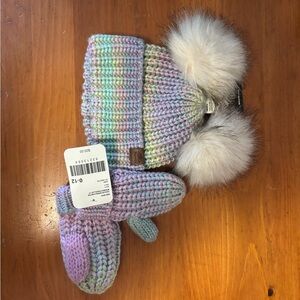 Roots Pastel Knit Hat and Mittens Set with Pom Poms